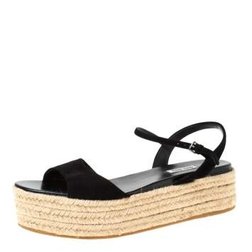 Pre Owned Miu Miu Black Suede Espadrille Platform Flat Sandals Size 42