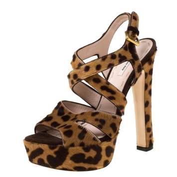 Pre Owned Miu Miu Brown Leopard Print Calf Hair Criss Cross Ankle Strap Platform Sandals Size 37