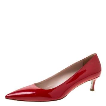Pre Owned Miu Miu Red Patent Leather Glitter Sole Kitten Heel Pumps Size 37.5