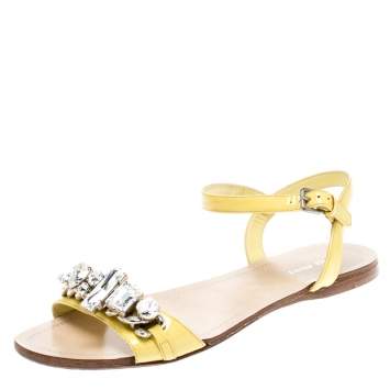 Pre Owned Miu Miu Yellow Patent Leather Crystal Embellished Ankle Strap Flat Sandals Size 37