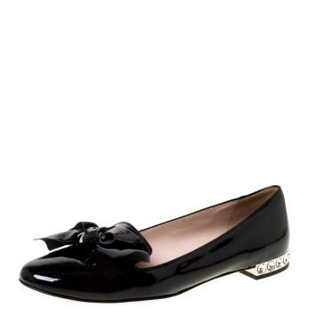 Pre Owned Miu Miu Black Patent Leather Studded Bow Ballet Flats Size 37.5