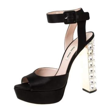 Pre Owned Miu Miu Black Satin Embellished Block Heel Peep Toe Platform Ankle Strap Sandals Size 37.5