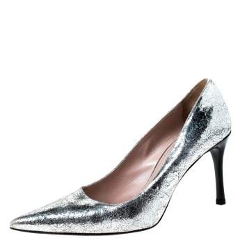 Pre Owned Miu Miu Silver Metallic Leather Specchio Pointed Toe Pumps Size 38.5