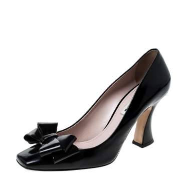 Pre Owned Miu Miu Black Patent Leather Bow Pumps Size 38.5