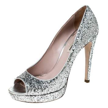 Pre Owned Miu Miu Silver Glitter Peep Toe Platform Pumps Size 39