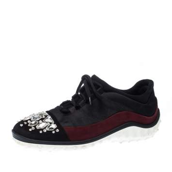 Pre Owned Miu Miu Black/Maroon Fabric and Suede Jeweled Toe Sneakers Size 38