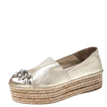 Pre Owned Miu Miu Metallic Gold Leather Crystal Embellished Platform Flats Espadrille Size 38