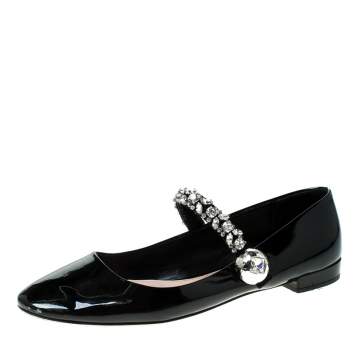 Pre Owned Miu Miu Black Patent Leather Crystal Embellished Strap Mary Jane Flats Size 41