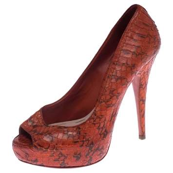 Pre Owned Miu Miu Orange Python Leather Peep Toe Platform Pumps Size 38
