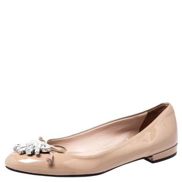 Pre Owned Miu Miu Beige Patent Leather Crystal Embellished Ballet Flats Size 37