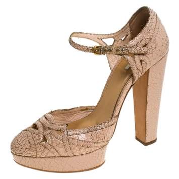Pre Owned Miu Miu Pale Pink Lasercut Cranks Leather Ankle Strap Platform Pumps Size 38