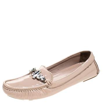 Pre Owned Miu Miu Beige Patent Leather Embellished Loafers Size 38