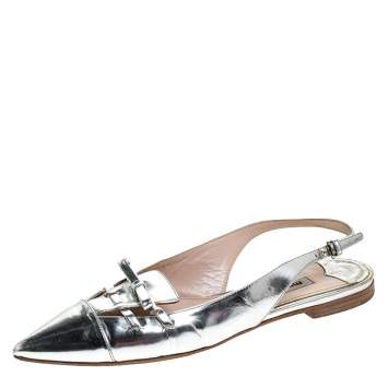 Pre Owned Miu Miu Silver Patent Leather Pointed Toe Slingback Flat Slides Size 36.5