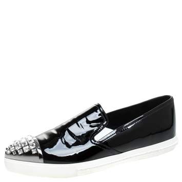 Pre Owned Miu Miu Black Patent Leather Embellished Slip On Loafers Size 37