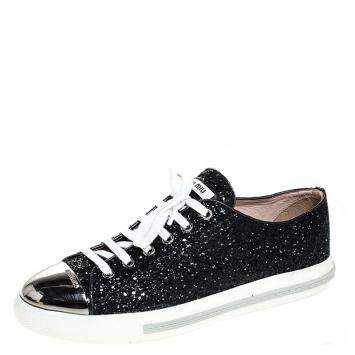 Pre Owned Miu Miu Black Glitter And Metal Cap Toe Low Top Sneakers Size 39