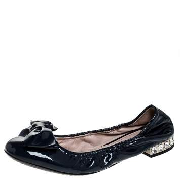 Pre Owned Miu Miu Blue Patent Leather Bow Detail Crystal Embellished Heel Scrunch Ballet Flats Size 35