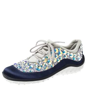 Miu Miu Blue/Grey Embellished Satin and Mesh Astro Sneakers Size 35