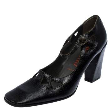 Pre Owned Miu Miu Black Crack Leather Cutout Square Toe Pumps Size 37.5