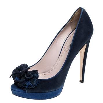 Pre Owned Miu Miu Blue Suede Tassel Detail Peep Toe Platform Pumps Size 39