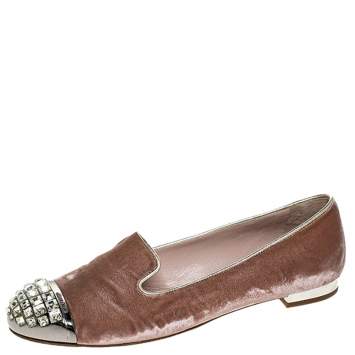 Pre Owned Miu Miu Pale Pink Velvet Crystal Embellished Cap Toe Smoking Slippers Size 38