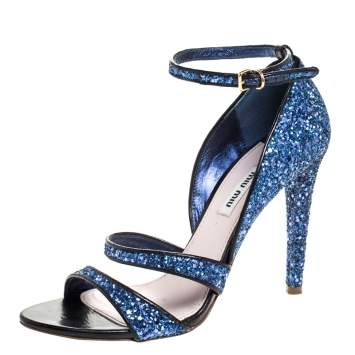 Pre Owned Miu Miu Metallic Blue Coarse Glitter Ankle Strap Sandals Size 38.5