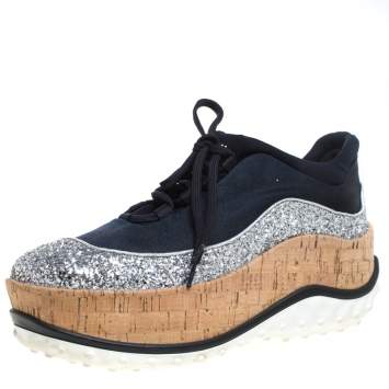 Pre Owned Miu Miu Dark Blue Satin And Coarse Glitter Leather Platform Lace Up Sneakers Size 39