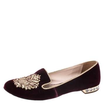 Pre Owned Miu Miu Burgundy Crest Embroidered Velvet Smoking Slippers Size 35.5