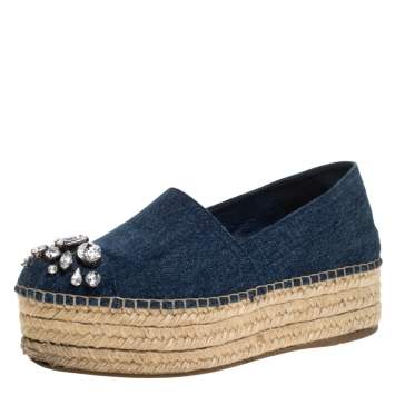 Pre Owned Miu Miu Blue Denim Fabric Crystal Embellished Espadrilles Flats Size 36.5