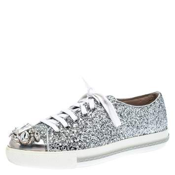 مملوكة مسبقًا Miu Miu Silver Glitter Crystal Embellished Lace Up Sneakers Size 37.5