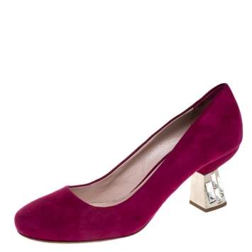 Pre Owned Miu Miu Pink Suede Crystal Embellished Heel Pumps Size 36.5