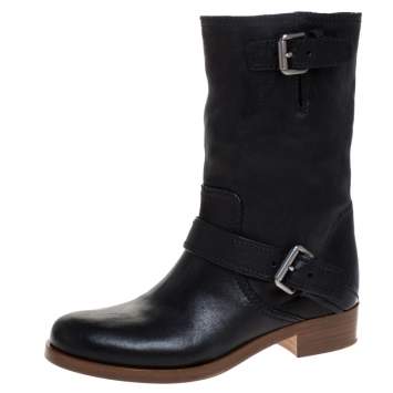 Pre Owned Miu Miu Black Leather Buckle Ankle Boots Size 36