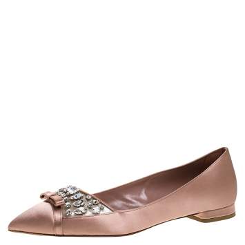 Pre Owned Miu Miu Old Rose Pink Satin Jeweled Pointed Toe Ballet Flats Size 37