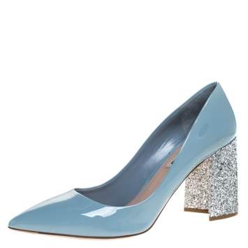 Pre Owned Miu Miu Grey Patent Leather Glitter Heel Pointed Toe Pumps Size 40.5
