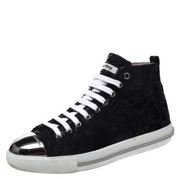 Pre Owned Miu Miu Black Brocade Fabric Metal Cap Lace Up Sneakers Size 37