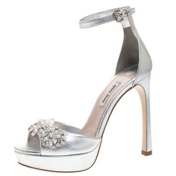Pre Owned Miu Miu Silver Leather Crystal Embellished Platform Ankle Strap Sandals Size 36