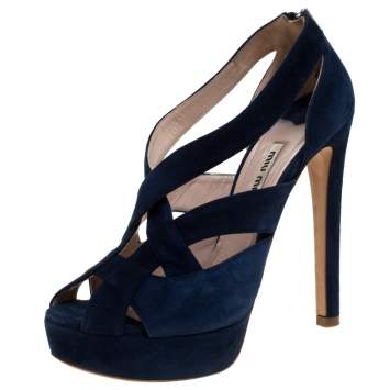 Pre Owned Miu Miu Blue Suede Leather Strappy Platform Sandals Size 36.5