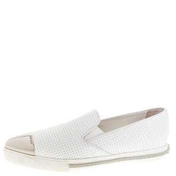 Pre Owned Miu Miu White Perforated Leather Metal Cap Toe Slip On Sneakers Size 38