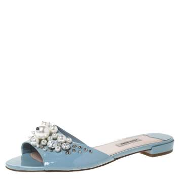 Pre Owned Miu Miu Blue Patent Leather Pearl Embellished Slides Sandals Size 40