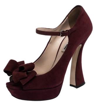 Pre Owned Miu Miu Burgundy Suede Leather Mary Jane Bow Peep Toe Platform Pumps Size 38