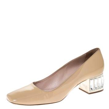 Pre Owned Miu Miu Beige Patent Leather Embellished Heel Pumps Size 38.5