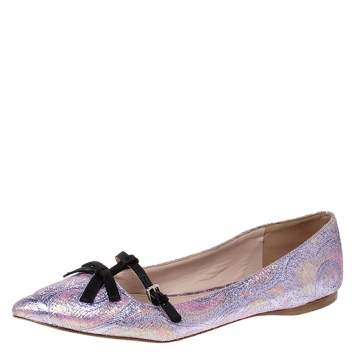 Pre Owned Miu Miu Purple Brocade Lurex And Satin Trim Giada Bow Pointed Toe Ballet Flats  Size 40