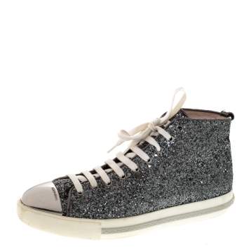 مملوكة مسبقًا Miu Miu Metallic Silver Glitter And Metal Cap Toe Low Top Sneakers Size 41