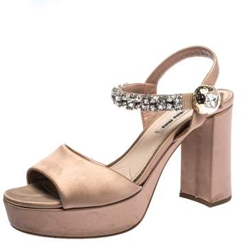 Pre Owned Miu Miu Beige Satin Crystal Embellished Ankle Strap Platform Block Heel Sandals Size 39