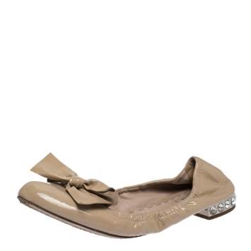 Pre Owned Miu Miu Beige Patent Leather Bow Crystal Embellished Ballet Flats Size 38