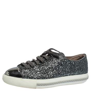 مملوكة مسبقًا Miu Miu Metallic Grey Glitter And Metal Cap Toe Low Top Sneakers Size 37