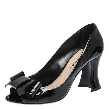 Pre Owned Miu Miu Black Patent Bow Peep Toe Pumps Size 38.5