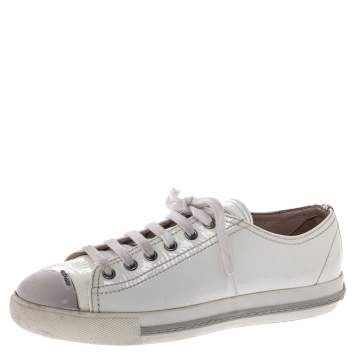 Pre Owned Miu Miu White Patent Leather Metal Cap Toe Lace Up Sneakers Size 38.5