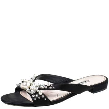 Pre Owned Miu Miu Black Satin Pearl Embellished Strappy Flats Size 39