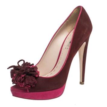 Miu Miu Red/Pink Suede Tassel Detail Peep Toe Platform Pumps Size 38.5