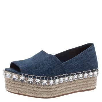 Pre Owned Miu Miu Indigo Dark Wash Denim Crystal Embellished Peep Toe Platform Espadrilles Size 35
